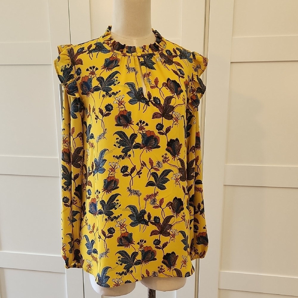 Loft Floral Ruffle Sleeve Blouse Yellow Size Small Key Hole EUC